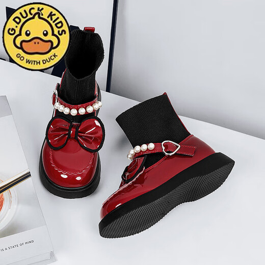 G.duck Little Yellow Duck Girls' Shoes Small Leather Shoes 2025 Children's Short Boots Princess Martin Boots Autumn and Winter Little Girls Black Boots HDL-Red 818 (Single Shoe) Size 37 Inner Length 22.9cm
