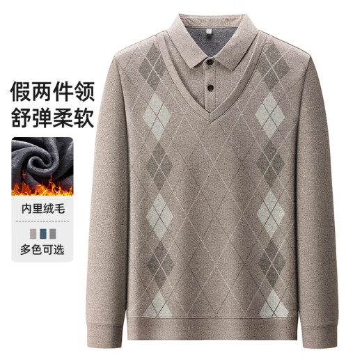 啄木鸟（TUCANO）中年男士爸爸冬装加绒加厚假两件长袖t恤男中老年男装保暖打底衫 TC9928灰色【加绒加厚】 170/L【建议110-130斤】