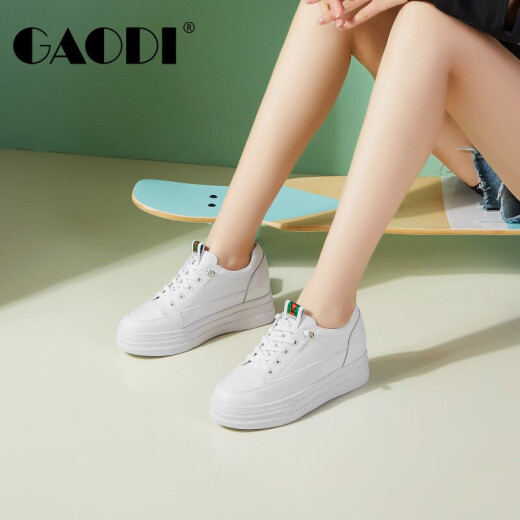 Gotti Inner Heightening White Shoes Women's Cow Leather Lace-Free Casual Shoes Spring 2021 Versatile Thick Soled High-Sole Sports Shoes Women's White (Height Increased 6cm) 38