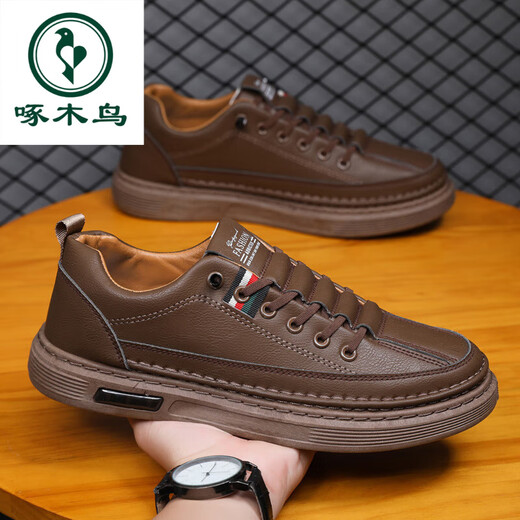 Woodpecker Brand Broken Code Leakage Genuine Leather Men's Shoes 2025 New Trendy Business Casual Shoes Soft Sole Versatile Sneakers Men's Leather Shoes E44--F19-Brown 42