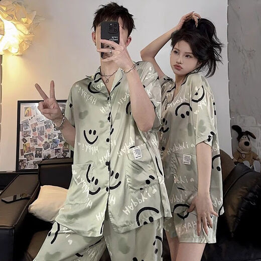 Clolv kissCK summer light luxury couple pajamas ice silk one male and one female student dormitory home clothes suit short-sleeved shorts CX418# gray letters high quality female M + male L 2 sets in total