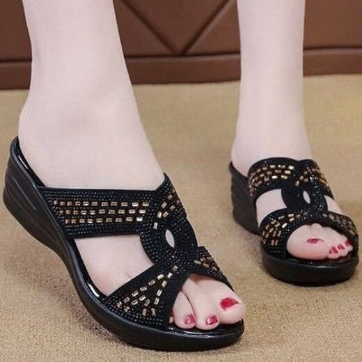 啄木鸟真软皮拖鞋女2024夏季新款水钻韩版百搭舒适坡跟外穿防滑凉拖鞋女 蓝色 35