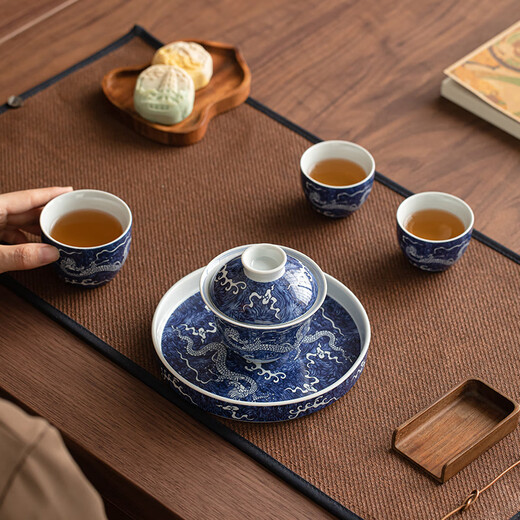 SUSHI CERAMICS National Trend Blue and White Tea Set Xianglong Cover Bowl Master Cup Teacup Kung Fu Tea Set