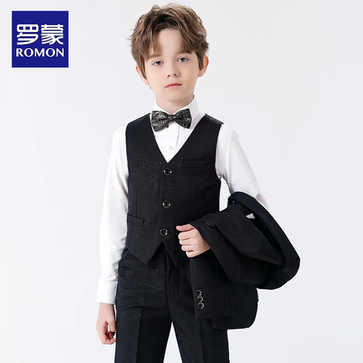 罗蒙儿童西装套装男童礼服英伦主持人钢琴演出服秋 亮丝黑色5件套 170