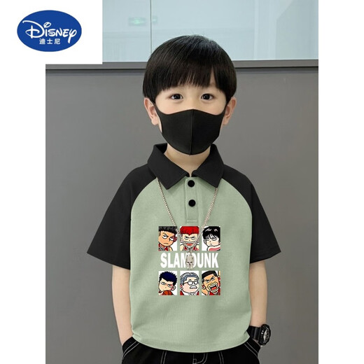 迪士尼（Disney）纯棉POLO衫短袖T恤儿童夏季新款中大童宽松拼接帅气翻领男孩上衣 674笑脸-黑绿-POLO衫纯棉品 110
