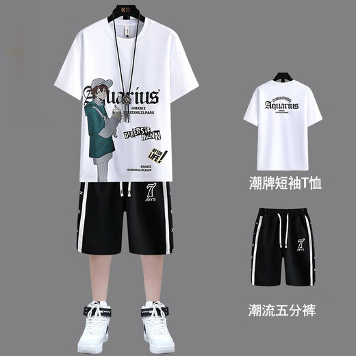 诚婕青少年短袖短裤套装男孩子夏季t恤大童初中学生新款潮流运动休闲 两件套【15816白色+短裤】 M 165 适合75-95斤