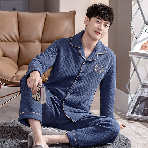 Yepan pajamas men's autumn and winter pure cotton thickened warm set cotton cardigan long sleeve loose large size mezzanine home clothing 1004-Blue Grid XL (175): Recommended 140-160Jin [Jin equals 0.5 kg] to wear
