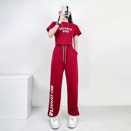 智兜兜小个子爵士舞套装广场舞蹈kpop跳舞套装女夏爵士舞服装运动穿搭街 386黑短袖+1049玫红裤子 均码 s