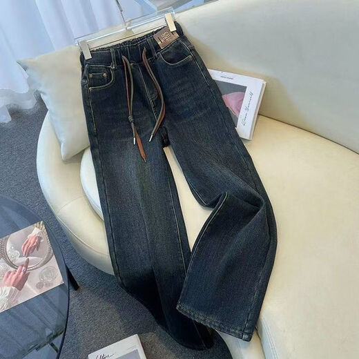 
Pierre cardin 2025 plush thickened elastic high waist jeans Spring and Autumn new retro loose slim version straight pants 1283 blue thickened plush XL 117-130
