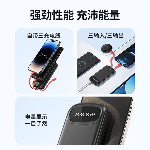 Newmine 20000 mAh large-capacity power bank, 3C certified | can be used on airplanes, comes with three-wire 10W mobile power supply, suitable for Apple, Huawei and other mobile phone headsets, milk tea color