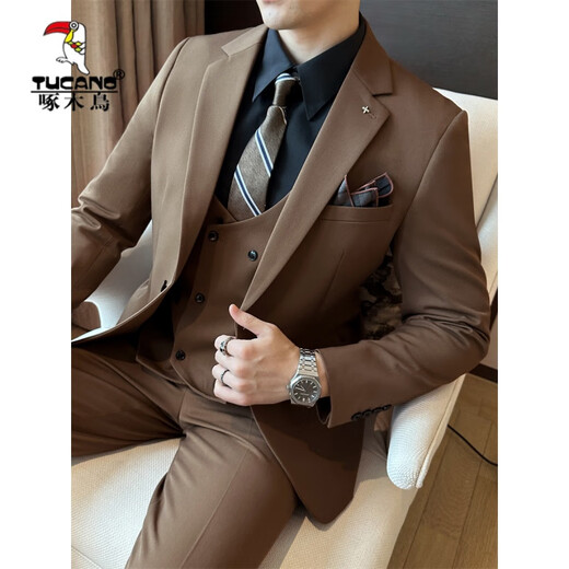 Woodpecker (TUCANO) 2025 Autumn High Quality Dark Green Suit Men's Suit Business Casual Formal British Style Groom Wedding Dress Black (suit + trousers) XL 52 (125-135Jin Jin equals 0.5kg)