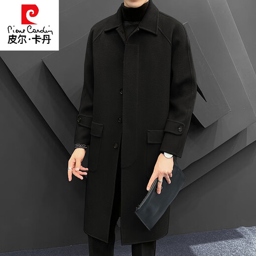 Pierre Cardin men's double-sided woolen coat mid-length autumn and winter high-end lapel wool thickened knee-length windbreaker jacket trendy black M 120Jin Jin equal to less than 0.5 kg