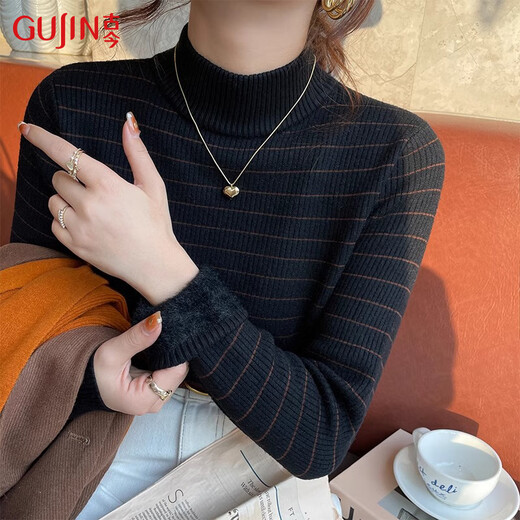 Ancient and modern (GUJIN) striped half turtleneck plus velvet knitted bottoming shirt for women autumn and winter one-piece velvet inner layered thick sweater warm top apricot
