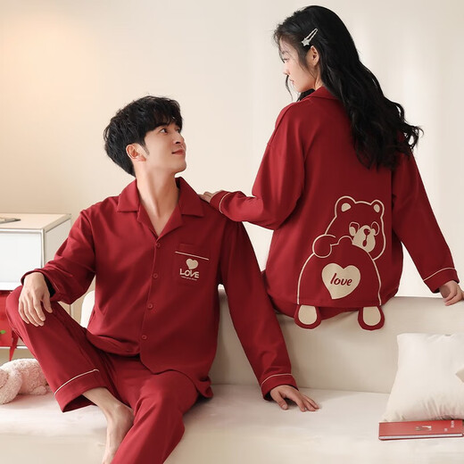 Admiring Autumn and Summer Wedding Couple Pajamas Pure Cotton Long Sleeve Long Style Suit Year of the Snake Red Zodiac Year Men and Women Spring and Autumn Style JS-6098 2 Set Price Female L + Male XXL