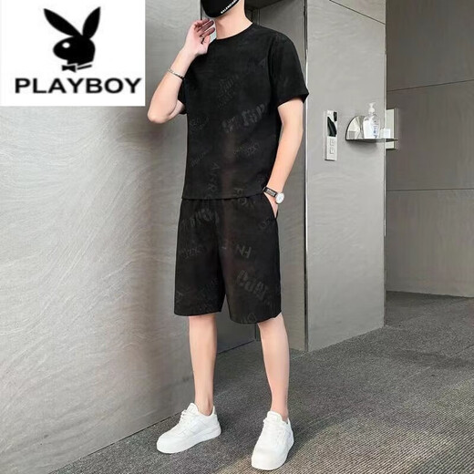Playboy (Playboy) Pure Cotton 2023 New Ice Seide Kurzarm T-Shirt Set Herren Casual Sports zweiteiler Set Herren Lose Sommer Trend 671 Weißes Set L 110jin [Jin ist 0,5 kg] -130jin [Jin gleich 0,5 kg]