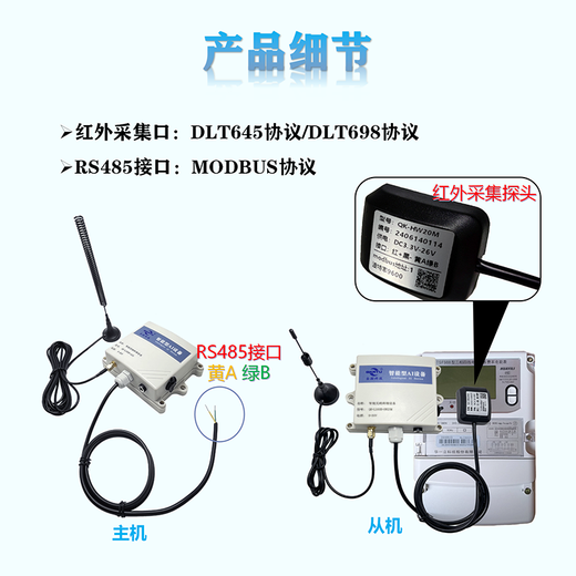 QKRTU全控科技 电表红外转无线电台远程抄表 DLT698 DLT645-07/97转modbus QK-L100B-HW20M（从机-8KM）