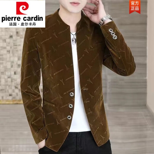 Pierre Cardin gold velvet tunic suit spring and autumn casual stand collar jacket men's suit Korean version slim youth solid color suit 1888 velvet thickened royal blue 2XL