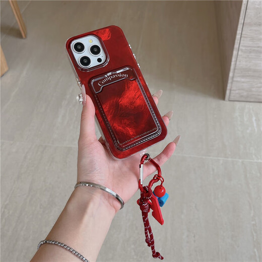 AOI también se aplica a la caja de teléfonos móviles Apple 16Promax Nueva bolsa de tarjeta con cordón con Lanyard iPhone 15 Women's 14 Red 13 [Bag Card Wine Red Love] + Bracelet iPhone 15