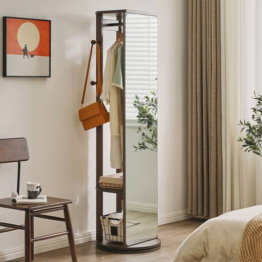JIAYI multifunctional rotating dressing mirror solid wood full-length mirror fitting mirror floor-standing mirror with clothes hanger for home use upgraded rotating style frameless walnut color