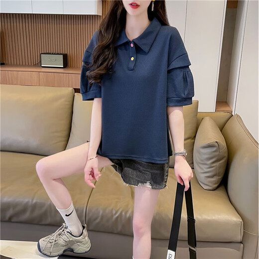 Pierre Cardin polo collar waffle short-sleeved T-shirt for women summer 2025 new loose large size short half-sleeved fake two-piece navy blue M suitable for 80-110Jin Jin is equal to 0.5 kg