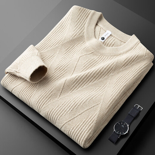 PRIDEME Light Luxury Winter Thickened Warm Cotton Wool Sweater Men's Long Sleeve Slim Jacquard Pattern Round Neck Knitted Sweater Men's Top PG9901-Apricot L Weight recommendation 120-130Jin Jin equals 0.5 kg