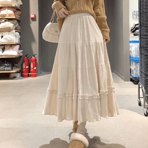 Miao Yijia Autumn Skirt New Style Versatile Winter Skirt Large Hem Skirt Long Skirt Women's Cake Skirt Covering Belly Skirt Small Lace Pleated Skirt Beige M Recommended 95-110 Jin Jin equals 0.5 kg