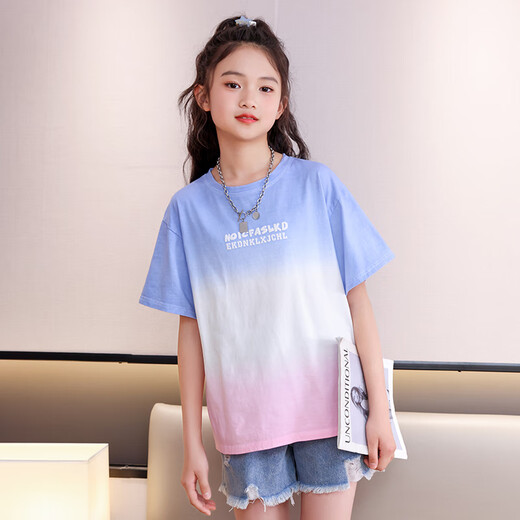 NICKYBABY女童短袖t恤2025新款大童夏季纯棉女孩渐变上衣T儿童洋气宽松夏装 9852渐变短袖 140 cm