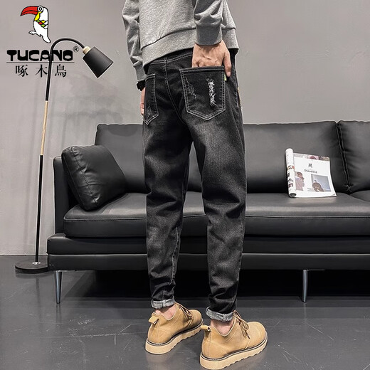 啄木鸟（TUCANO）男士破洞牛仔裤春季款潮牌修身小脚2025黑色休闲长裤美式复古男裤 6636黑色+6636黑色 32