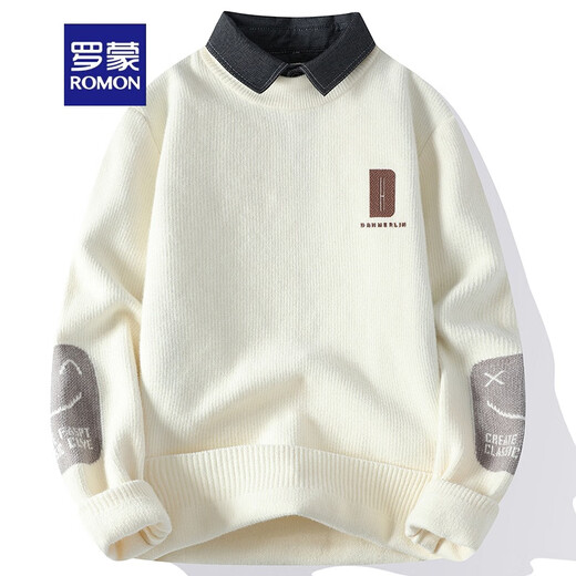 ROMON shirt collar sweater men's autumn and winter style plus velvet thickened fake two-piece sweater men's loose casual inner sweater R9901 m white plus velvet L about 110-125 Jin [Jin equals 0.5 kg] can be worn