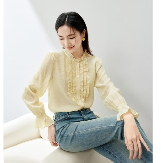 Shandubila elegant classical literary style chiffon shirt for women spring front decorative design stand collar top apricot M