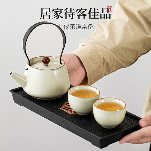 Qixuanyuan tea set, tea tray set, household small set, one pot, two or four cups, ceramic tea drinking teapot, Kung Fu tea cup, pillow moon rectangular tea tray + Ge Kiln teapot 2 cups