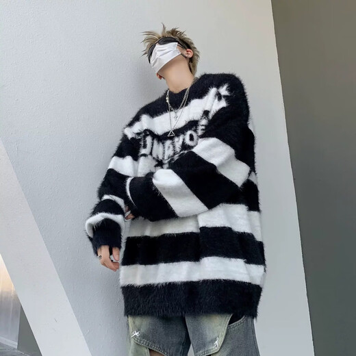 7家优品毛衣男士秋冬季新款cleanfit撞色宽松慵懒风字母提花情侣针织衫 GCFS-MY9214黑色 XL