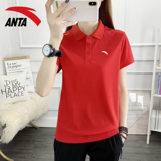 Camiseta de manga corta Anta para mujeres 2022 Summer Nueva camisa de solapa transpirable suelta Running Fitness Silk Silk Ropa de secado rápido Camiseta a media manga al aire libre Sportswear informal -4a14066 Classic Red XS/155