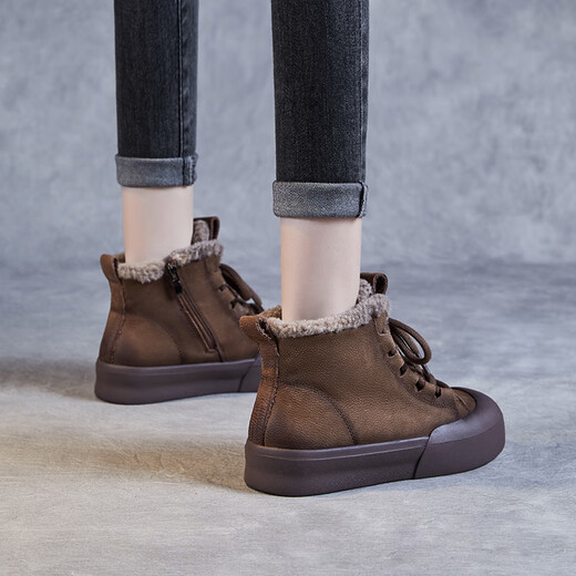 Bottes de neige Modney pour femmes 2025 Été Velvet en velours chaud Boots de coton rétro Sole épaisse polyvalente Martin Boots de style britannique Boots courts marron clair [Cow-Hide sélectionné] 36