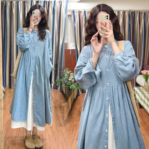 
Geman maternity wear autumn new Korean mid-length dress with long sleeves slim shirt skirt two-piece suit blue dress + white skirt XXL