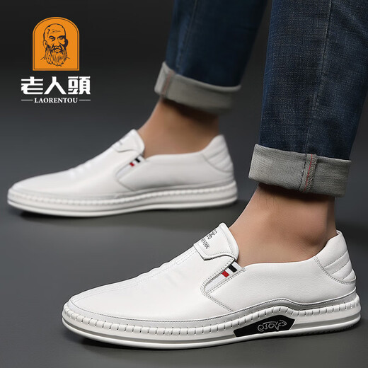 Old man's head (laorentou) old man's white leather shoes men's genuine leather head layer cowhide breathable casual white shoes one foot to put on the line dad's shoes non-slip 10503 white 41