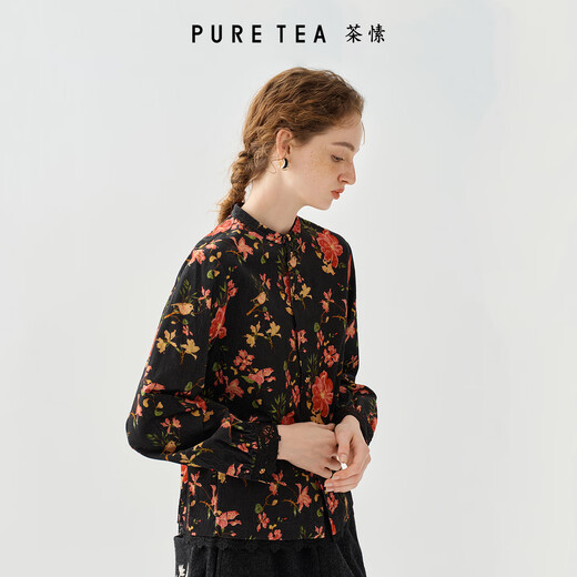 PURE TEA puretea tea printed corduroy shirt women's stand-up collar puff sleeves 2025 winter new style graphite black S