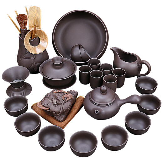 Porcelain purple sand tea set kungfu household original ore purple sand pot with lid bowl teacup set office ceramic teapot tea ceremony gift gift 10 pieces original ore purple sand lidded bowl