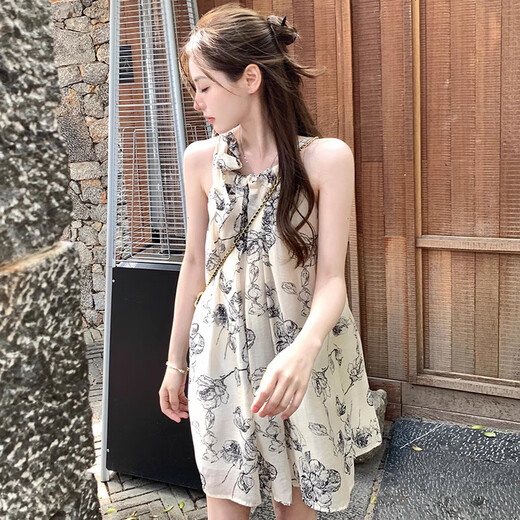 
Miaoyijia new Chinese suspender dress for women's skirt summer women's clothing 2025 summer new style floral pure and lustful small person ink and wash neck dress [one size]