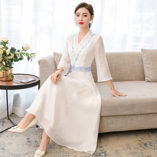 Spila Dress Women's 2021 Spring and Summer New Women's Silk Dress Korean Style Versatile Chiffon Skirt Casual Western Style Jacket Female Student Suspender Stripe V-Neck Dress White M