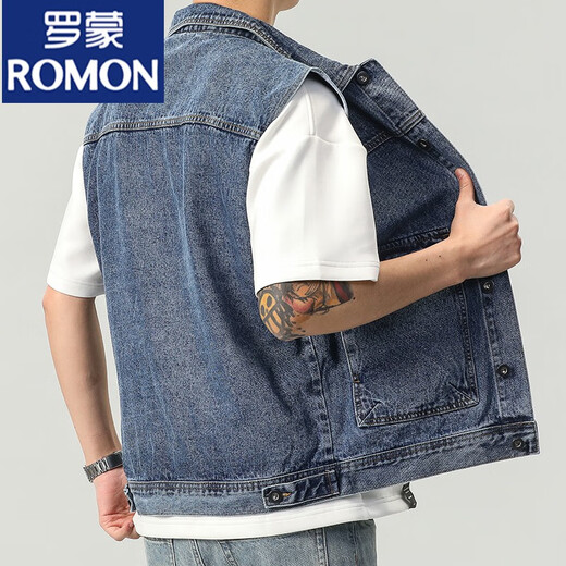 
ROMON 2024 denim vest men's sleeveless vest jacket men's spring and autumn trendy loose versatile work jacket 9215 blue + 9216 black 4XL