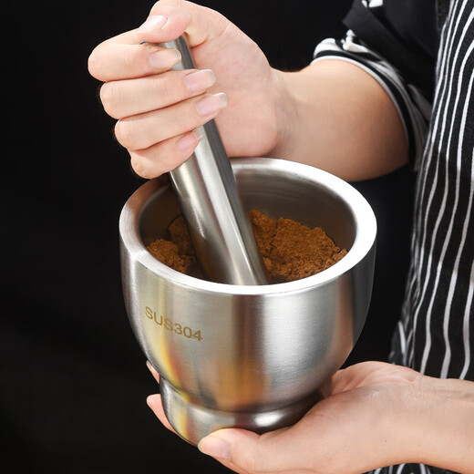 304 stainless steel garlic masher household mash jar manual garlic grinder garlic mortar mortar mortar mortar 304 stainless steel (drum-shaped extra large 15CM) with spoon