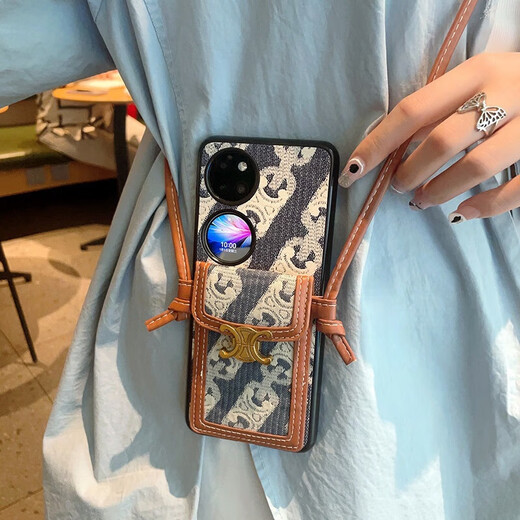 适用华为Pocket2手机壳潮牌pocket2挂绳高端个性防摔手机保护壳套 【潮牌蓝色+斜挎卡包】 华为Pocket2【帆布皮革】