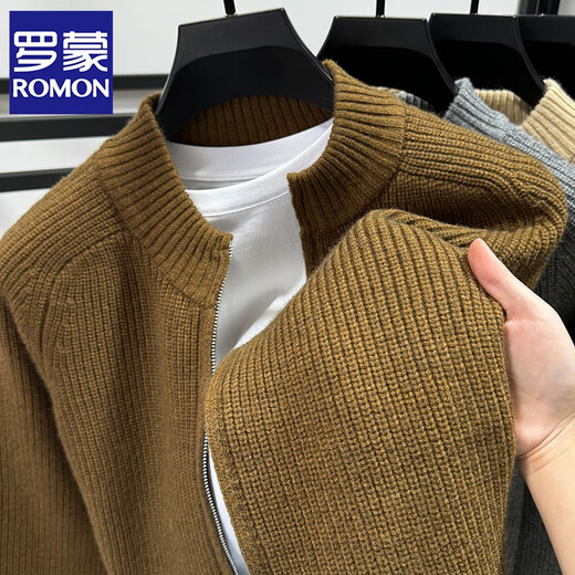 罗蒙（ROMON）双拉链立领开衫男士加厚粗针毛线毛衣秋冬季纯色修身中领针织外套 中灰 XL /115