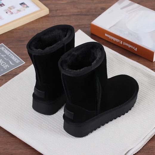 百丽踏系列品牌断码真皮冬季中筒雪地靴女新品防滑女靴子加绒加厚棉鞋 羚羊棕 37