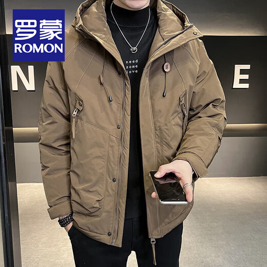 ROMON trendy brand hooded work jacket for men, autumn and winter new pocket zipper design, cotton and thickened top, regular style - 2277 brown XL 140-160Jin Jin is equal to 0.5 kg