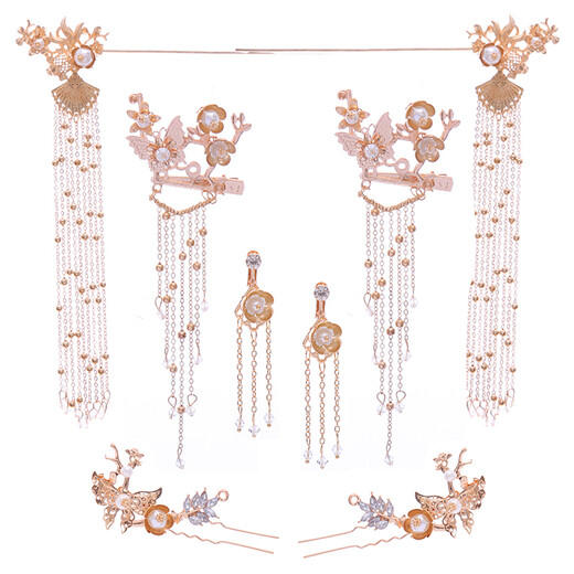 Hanfu headdress, fringed hairpins, full set of classical hairpins, affordable Ming Dynasty costume accessories, ancient style hair accessories, hair crown, flower print, three-piece set