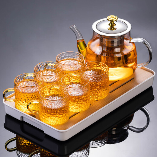 Porcelain brand tea set, Kung Fu tea set, glass teapot, elegant gold lid teapot, thickened heat-resistant teapot for home use, gold lid elegant teapot, hammer pattern straight cup, 7 pieces + small long plate