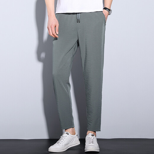 Hunpai Wolf Summer Thin Cropped Pants Men Fashionable Men's Casual Pants Lightweight Pants Trendy Elastic Feet 9-point Pants Cropped Pants R3884 Gray Green Ultra-Thin Style 2XL
