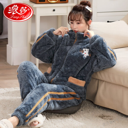 Langsha Pyjama en velours corallien léger léger pour les femmes en automne et hiver grande taille gras mm plus en velours en velours à fermeture éclair et à la maison de cardigan wb6623 standard m [75-95jin [Jin est égal à 0,5 kg]]]